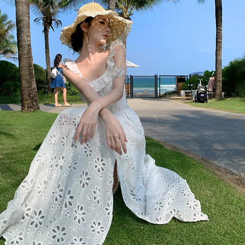 Droma hot sale summer romantic ruffled square neck embroidered dress french holiday fairy backless slit dress white