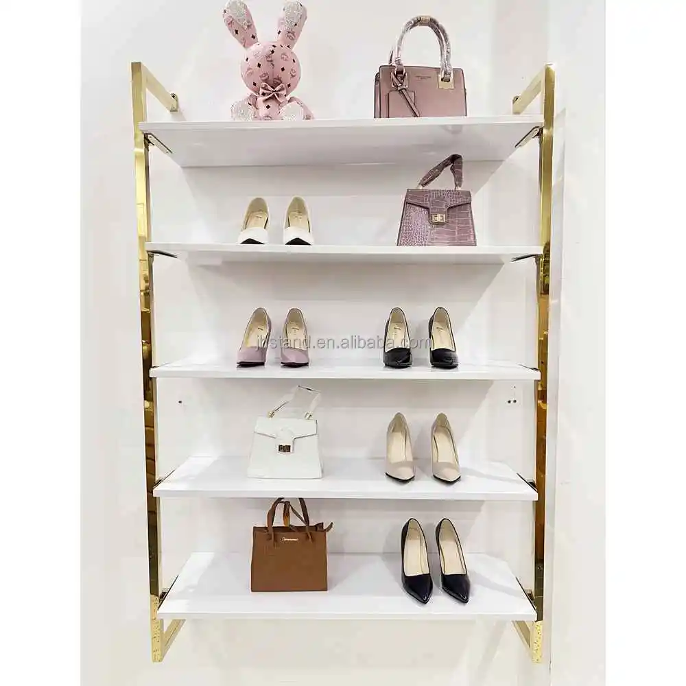 OEM Shop-estante de exhibición de zapatos de pared, decoración europea de oro y acero inoxidable, ventana de 4 niveles, para tienda de bolsas de zapatos