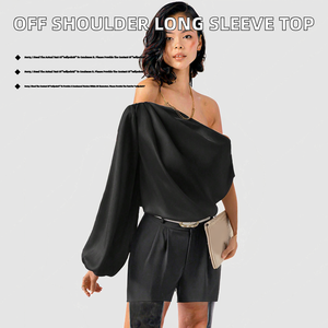 Blusa Elegante de Satén para Mujer, de un Solo Hombro, con Manga Abullonada, Corte Holgado, Color Negro Sólido, para Oficina, Todas las Temporadas - Product Image 2