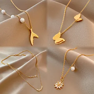 Colar de pérolas com letras de borboletas personalizadas em aço inoxidável, ouro, zircônia, coração, estrela e lua, joia para mulheres