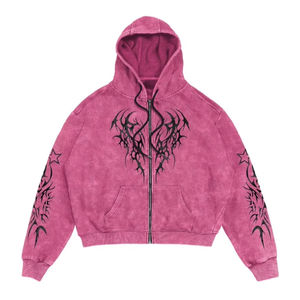 Sweat à capuche vintage en coton tricoté délavé à l'acide de haute qualité, imprimé sur mesure, à <span class=keywords><strong>épaule</strong></span>s tombantes, surdimensionné, zippé, effet vieilli pour <span class=keywords><strong>femme</strong></span> - Product Image 1