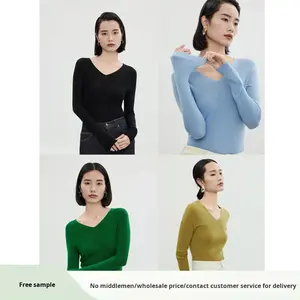 Pull en <span class=keywords><strong>laine</strong></span> mérinos 100% à tricotage fin, col en V, style coréen, fin, ajusté, tricoté 18GG, pull en <span class=keywords><strong>laine</strong></span> uni, vente chaude - Product Image 2