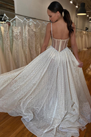 Mily Bridal MHL203 Une ligne bretelles spaghetti dentelle appliques fente latérale paillettes robe de mariée scintillante