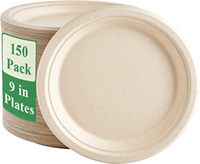 Lot de 150 Assiettes en Fibre de Canne à Sucre de 9 Pouces, Robustes et Jetables, 100% Compostables, Naturelles et Écologiques