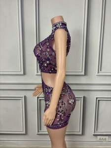 Mor Elmas Elbise Kokteyl Elbiseleri Parti Seksi Beli Oyuklu Elbise Gece Kulübü için Şeffaf - Product Image 5