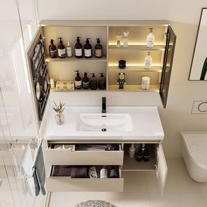 Modern <b>wall</b> <b>mounted</b> bathroom vanity with LED mirror <b>cabinet</b> and storage drawers thermo-bent - Product Image 2