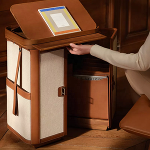 Commode secrétaire haut de gamme multi-rangements, bureau pliant avec armoire intégrée en bois, cuir et lin pour salon et bureau à domicile - Product Image 6