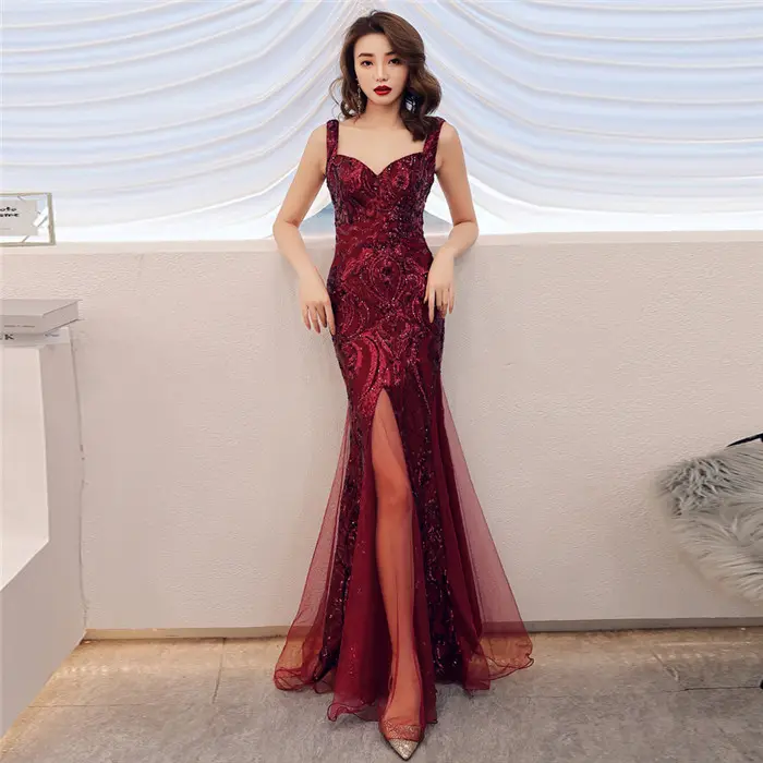 Roupão de soiree chique Nova moda luxo vermelho Elegante noiva fishtail vestido longo verão lantejoulas estilingue banquete vestido de noite