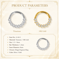 Anneau segmenté en titane de qualité médicale fiable, pavé de zircone cubique, double usage, pour piercing de nez et de cartilage d'oreille