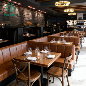Ensemble de meubles vintage en cuir marron à rayures, comprenant une banquette demi-circulaire carrée et un ensemble table et chaises en bois pour <span class=keywords><strong>restaurant</strong></span> rapide ou café. - Product Image 4