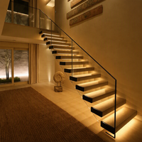 Escalier mural flottant en bois massif avec marches LED 110V et garde-corps en verre, populaire sur CBMmart aux États-Unis