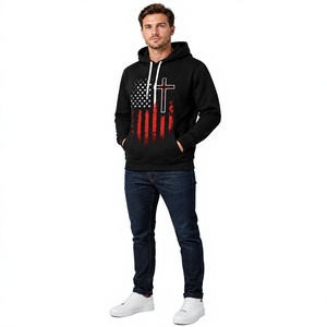 Stylish Black Printed Pullover <b>Hoodie</b> Featuring Star Stripe Graphic <b>Red</b> Accent and Cross Inspired Front Artwork - Product Image 4