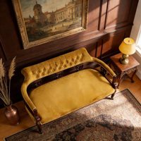 Fauteuil de salon double en velours de style vintage français, en bois massif, avec dossier à boucles, idéal pour la photographie