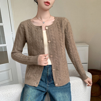 Cardigan en cachemire pour femme à col rond, tricot torsadé, boutons métalliques, coupe décontractée et ample, pull-over tricoté