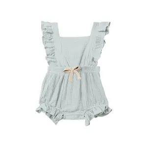 GOTS Certified Toddler Baby Girl Ruffled Sleeveless Romper Casual Summer Jumpsuit Cotton Linen Clothes
