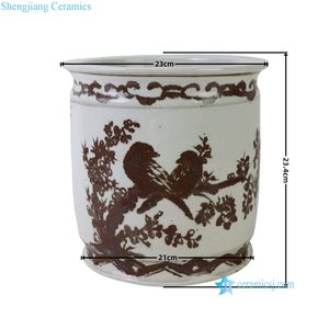 Maceta cilíndrica de cerámica RZNA40-D estilo Chinoiserie, color marrón hierro, pintada a mano con dos gorjas y flor de <span class=keywords><strong>ciruelo</strong></span> - Product Image 2