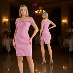 Abito Mini Bodycon a Costine con Spalle Scoperte e Spacco Rosa per Cocktail Party, Vestito Lavorato a Maglia per Tutte le Stagioni - Product Image 2