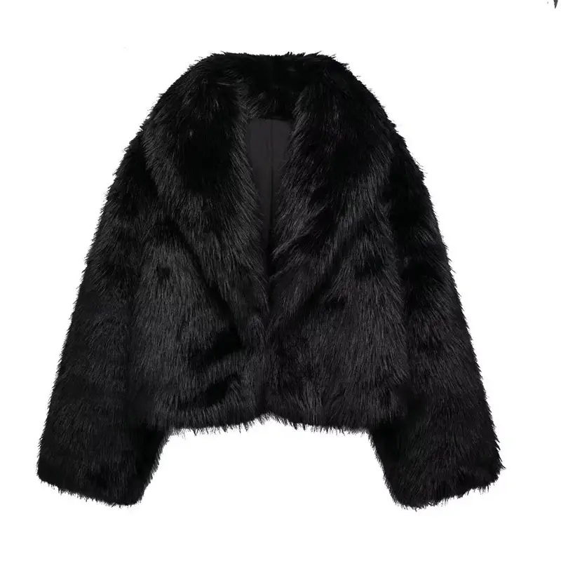 ZATRHMBM 여성의 2023 새로운 패션 가짜 모피 효과 짧은 재킷 코트 복고풍 V-넥 긴 소매 짧은 재킷