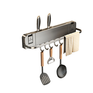 Wall Mounted <b>Kitchen</b> Storage Rack Rectangle Multi Functional Knife Holder With <b>Hooks</b> For Utensils Punch Free Installation - Product Image 2