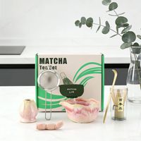 Ensemble d'ustensiles à matcha en céramique au coloris de four, ensemble de thé matcha rose cerise, avec bec verseur, support en bambou pour chasen, ensemble complet pour le matcha