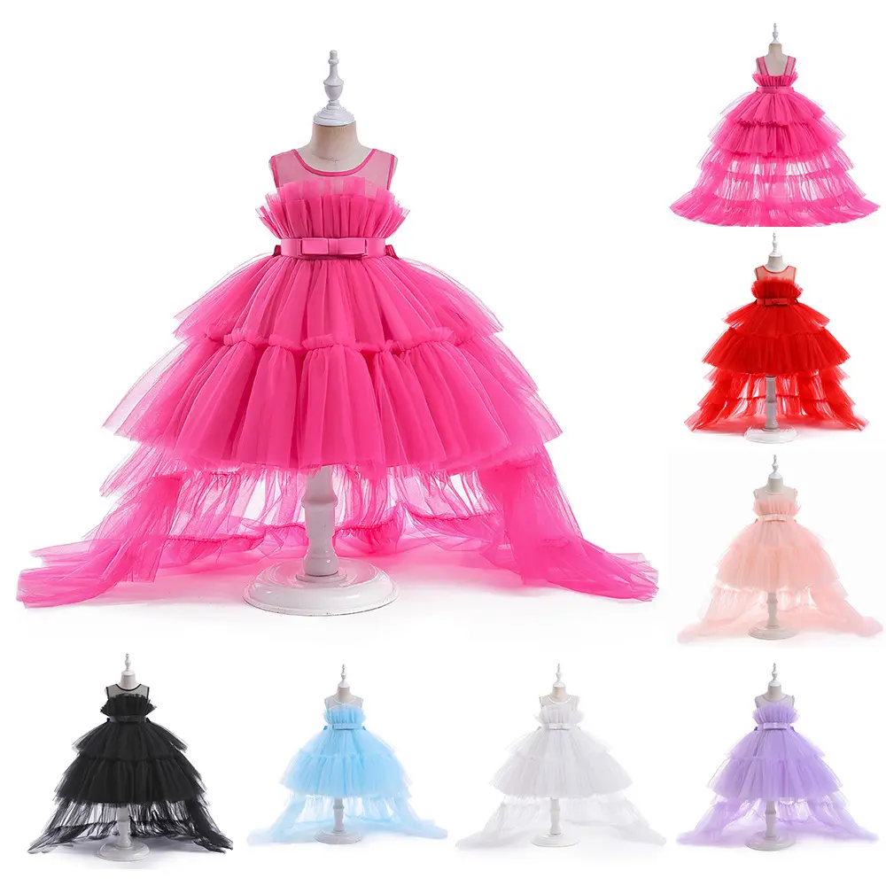 New Style 2023 Kids Evening Frock Party Children Clothing Wholesale Flower Girl Dress With Long Tail