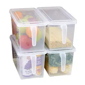 可堆叠冰箱整理器: 带把手和盖子的塑料方形食品储存容器
