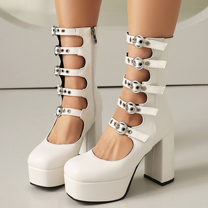 Women High Chunky Heels Square Toe <b>Shoes</b> Summer Cut Out Platform Sandals Front Metal Buckles Mid Calf Short Boots - Product Image 4