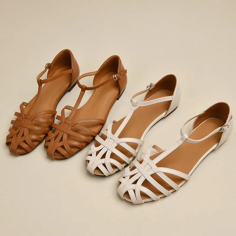Grosir sepatu flat wanita kulit pu kualitas tinggi Romawi vintage sandal Wanita Mode musim panas