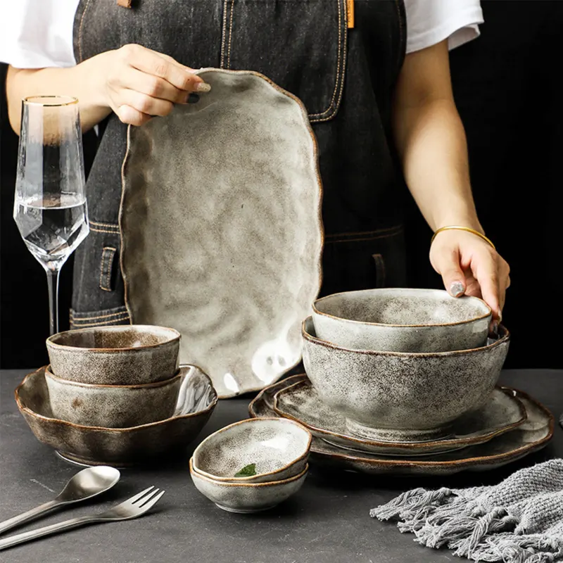 Vajilla de cerámica para restaurante Retro gris a rayas de piedra japonesa, venta al por mayor