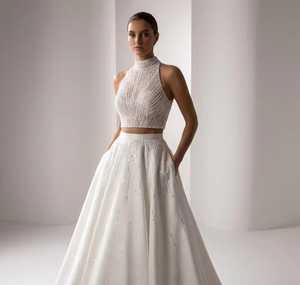 Hand <b>Beaded</b> Sleeveless Bridal Dress Crystal Embroidery Draped Satin <b>Skirt</b> Natural Waistline Floor-Length Sweep Train Plus Size - Product Image 2