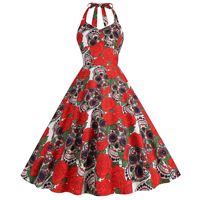 Robe Femme Swing Skull Print Scarey Halloween Costumes Midi Vestidos Sexy Halter Strapless Gothic Retro Rave Party Dresses