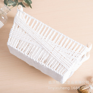 White Paper Rope Storage <b>Basket</b> Rectangle With Handle For Home Desktop Cosmetic Snack Coffee <b>Table</b> Remote Control Organizing - Product Image 5