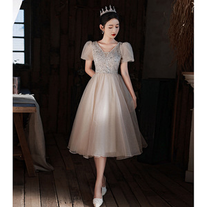 Evening Gown Women Champagne Mid Length V Neck Puff Sleeve A Line Empire Waist Vintage Style Hostess Dress - Product Image 1