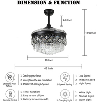 Ventilateur de plafond LED moderne avec fer à repasser de 42 pouces et lustre en cristal de 48 pouces Télécommande rétractable de 48 pouces pour le salon