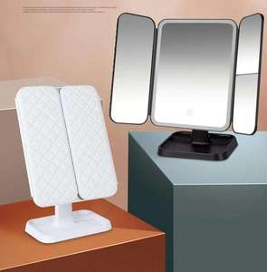 Wholesale <b>Vanity</b> Led Lighted Travel Makeup <b>Mirror</b> Desktop Trifold Magnified With <b>Lights</b> 3 Way Folding - Product Image 1