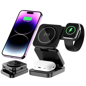 Cargador Inalámbrico Magnético 3 en 1 A390 de 15W <span class=keywords><strong>con</strong></span> Soporte Plegable, Compatible <span class=keywords><strong>con</strong></span> <span class=keywords><strong>iPhone</strong></span> / Apple Watch / <span class=keywords><strong>Airpods</strong></span> - Negro - Product Image 1