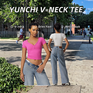 Camiseta de Mujer de Verano Vintage, Informal, Versátil, Simple, Cómoda, de Secado Rápido, Cuello en V, Manga Corta, Precio Económico de Fábrica - Product Image 2