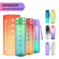 Bouteille d'eau sport en PC sans BPA, avec marqueur de temps, dégradé givré, à boire directement, 1050 ml, avec corde, unisexe, pour bureau et école, fournie par l'usine
