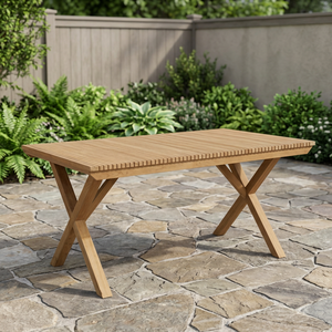 Modern Durable Teak Wooden Rectangle <b>Dining</b> <b>Table</b> with Foldable X Legs Waterproof & Eco-Friendly for Home & Outdoor Use - Product Image 2