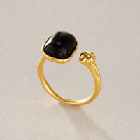 Bague ouverte asymétrique ajustable en onyx noir plaqué or 18 carats vintage, bijoux en acier inoxydable hypoallergénique pour femmes, cadeau raffiné