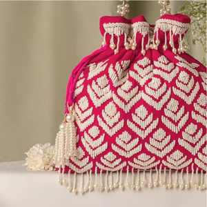 Atiya Libas 2024 New Stylized Raw Silk Potli <b>Bags</b> Embroidery Crystal Glass Beads <b>Pearls</b> Dabka Work <b>Bucket</b> Pattern - Product Image 6