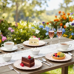 <span class=keywords><strong>Assiette</strong></span> en plastique jetable <span class=keywords><strong>rose</strong></span> ronde de 9 "avec bord doré festonné, ensemble de vaisselle à fleurs à dessert blanches, vaisselle de camping - Product Image 4