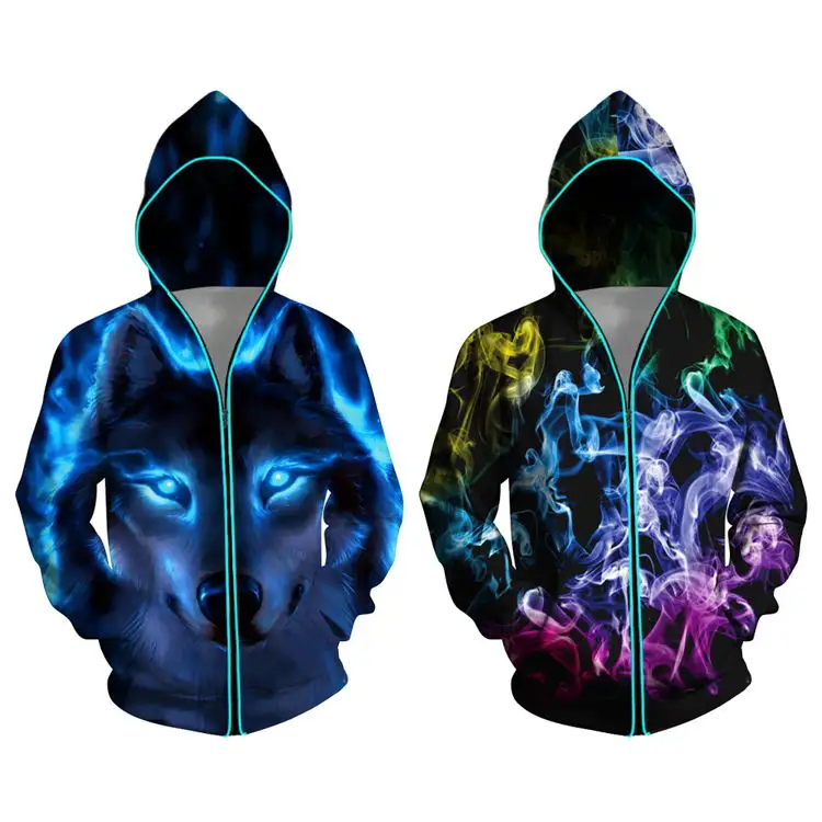 Personalized 3D Digital Printing Glowing Sweatshirt Long Sleeve Sweat Capuche Haute Qualite Zip Up Sublimation Hip Hop Hoodie