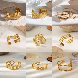 New Arrival 18K Gold Plated Statement Flower Bracelets Stainless Steel Chunky Flower Cuff <b>Bangle</b> for Women - Product Image 2