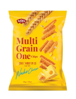 Chips multigrains saveur fromage nacho, céréales complètes enrichies, texture croustillante avec une riche poudre de fromage, arôme savoureux
