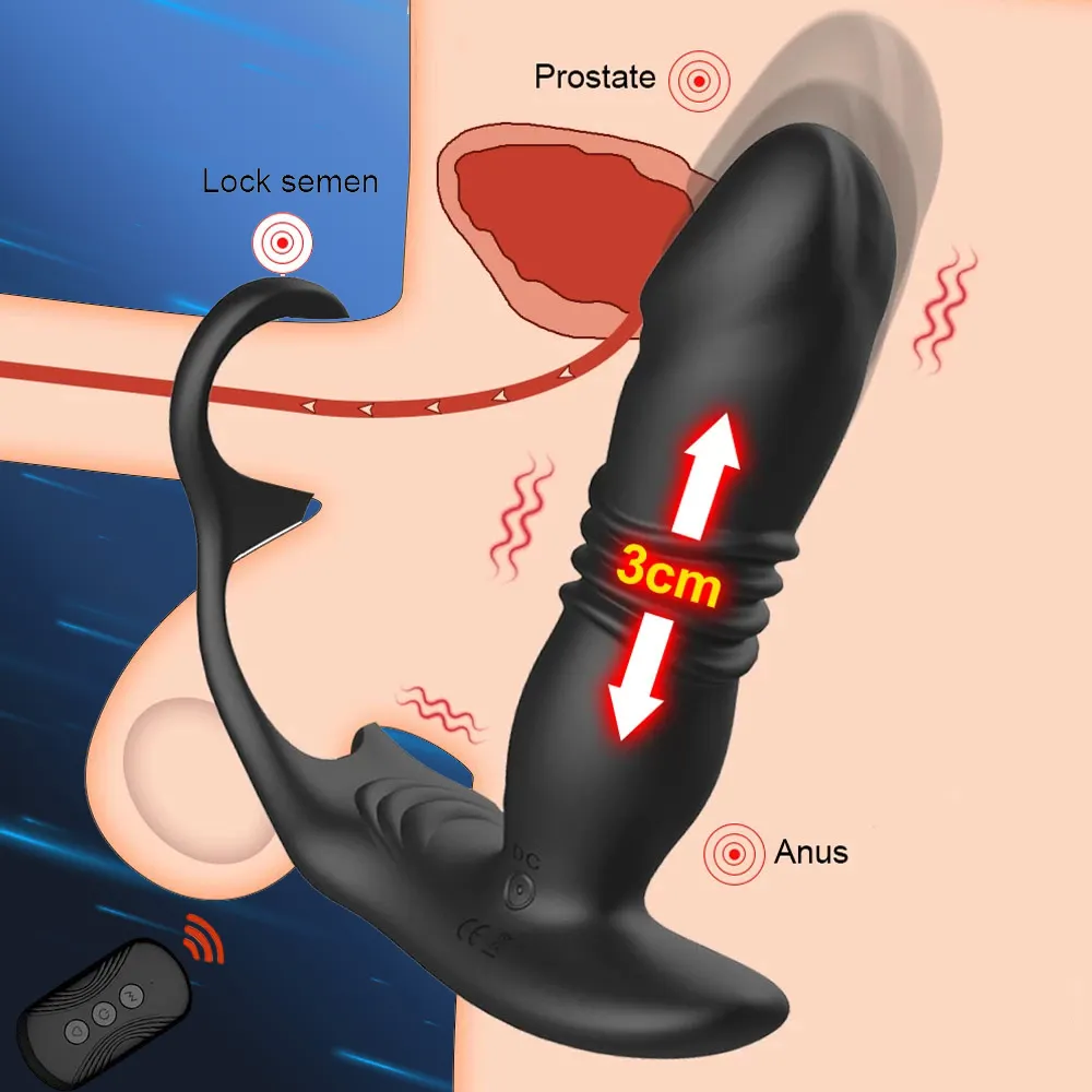Vibratore anale maschile giocattolo massaggiatore con doppio anello del cazzo Butt Plug con 3 spinta e 12 modalità di vibrazione massaggiatore prostatico a spinta