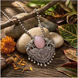Collier élégant à motif d'éléphant en pierre rose oxydée pour femmes, bijoux ethniques traditionnels, idéal pour les festivals et les soirées - Product Image 2