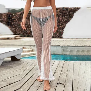 Womens Cover Up Wide Leg Pants Crochet Net Hollow Out Beach Sexy Swimsuit High Waist Mesh-panel Flare Trousers