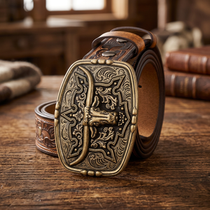 Ceinture vintage en cuir de vache style western avec boucle en plaque de cuivre, motif uni, durable, style décontracté, moulage monobloc - Product Image 2