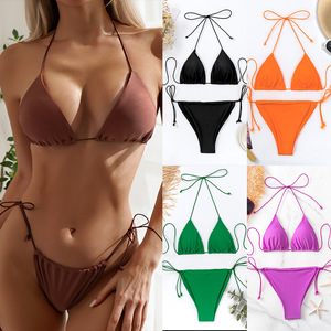 Traje de baño sexi respetuoso con el medio ambiente para mujer, traje de <span class=keywords><strong>Bikini</strong></span> Sexy para mujer, conjunto de <span class=keywords><strong>Bikini</strong></span> triangular de Color sólido - Product Image 2